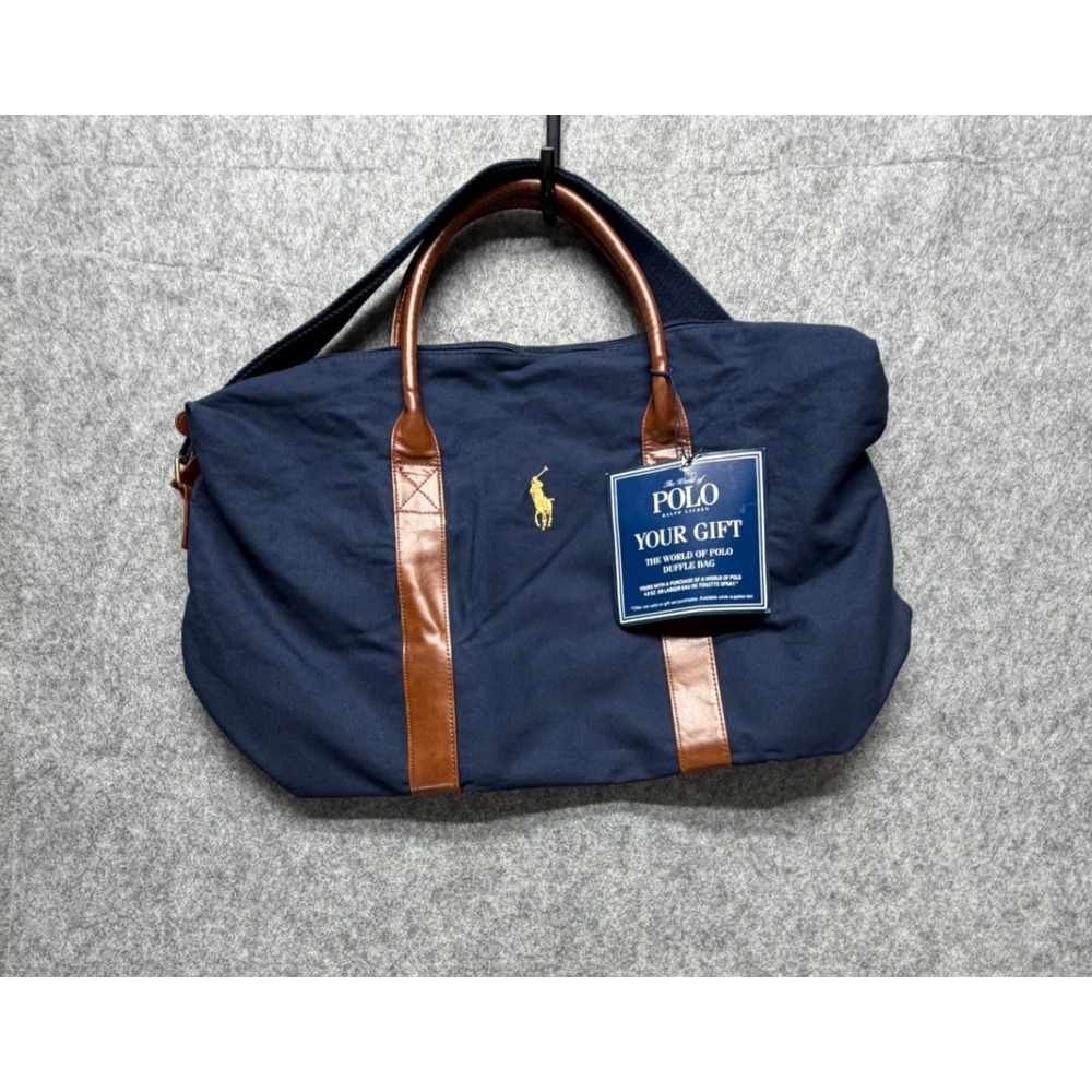 Polo Ralph Lauren Navy Blue Canvas Duffle Bag Brown Trim Travel Gym Weekend Bag